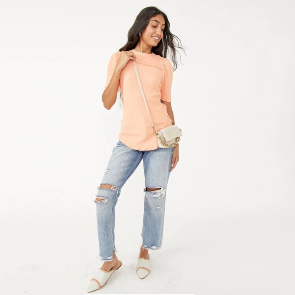 NWT New $78 Free People Care Red Delicious Orange Cotton T-Shirt Size M